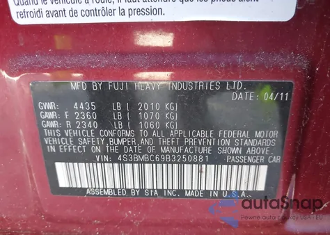 2011 Subaru Legacy 2.5I Premium z USA, uszkodzony, nr VIN 4S3BMBC69B3250881